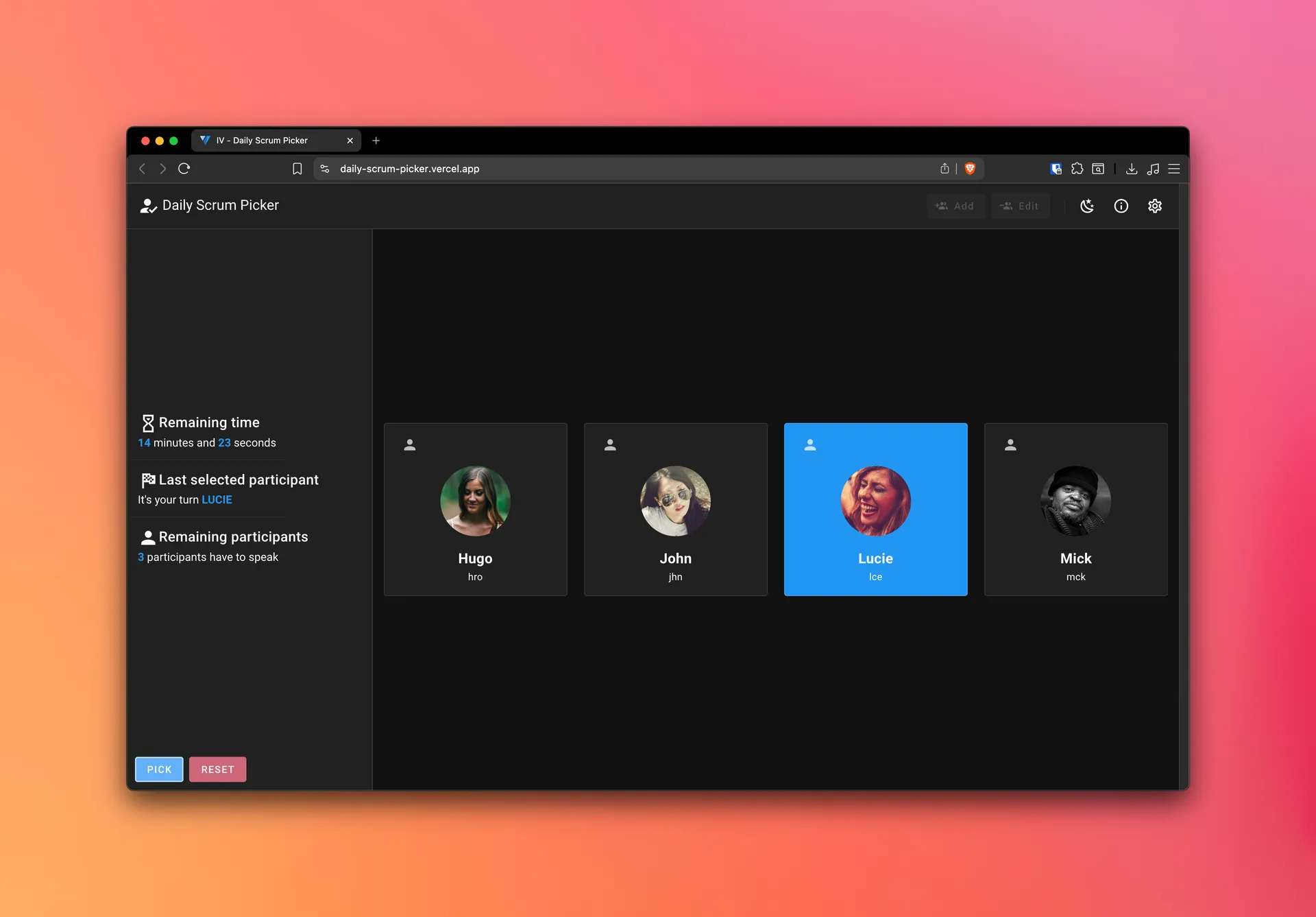 team selection interface
